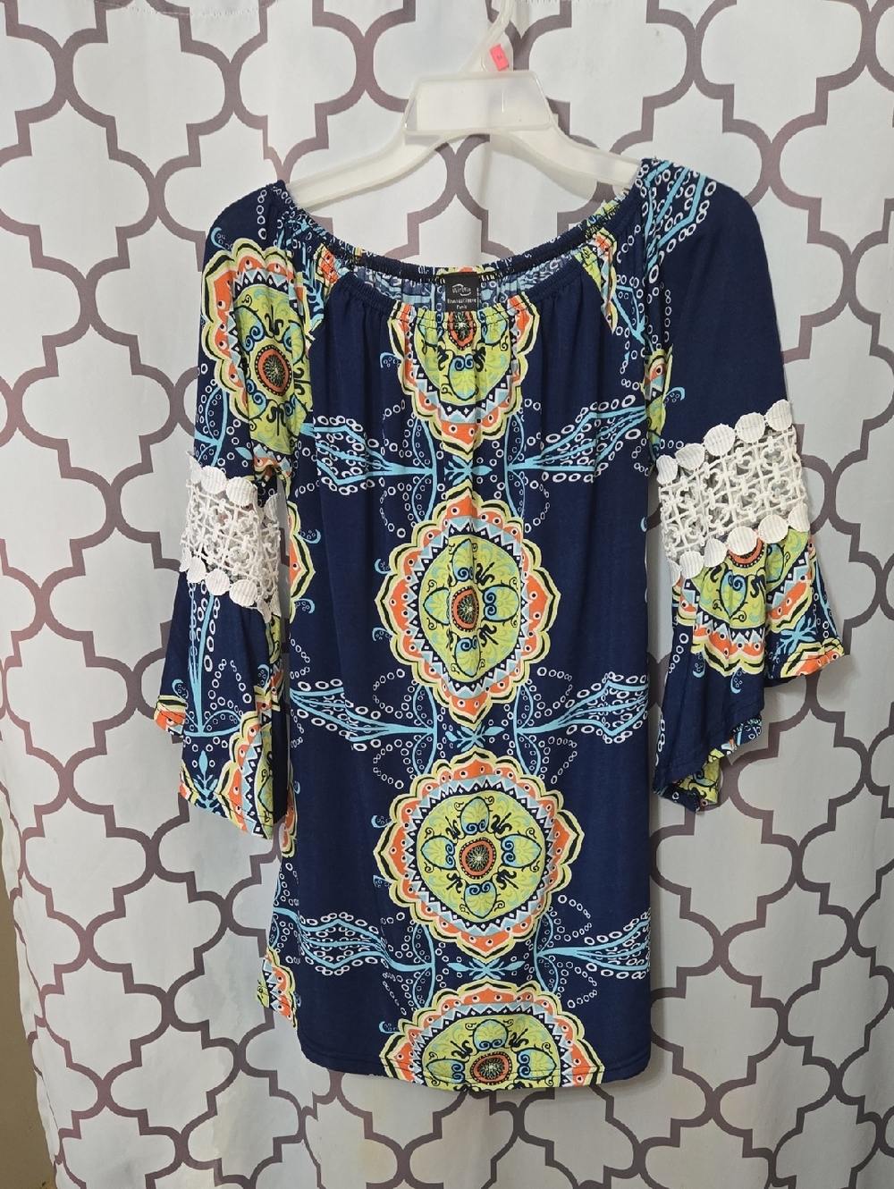 WinWin Navy Floral Medallion Tunic with Crochet Sleeve Detail